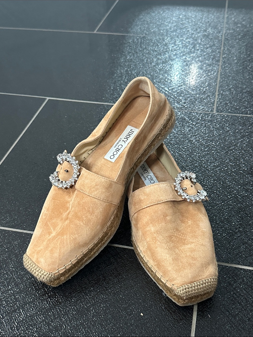 Jimmy Choo Tan Suede Espadrille Loafers with Crystal Buckle